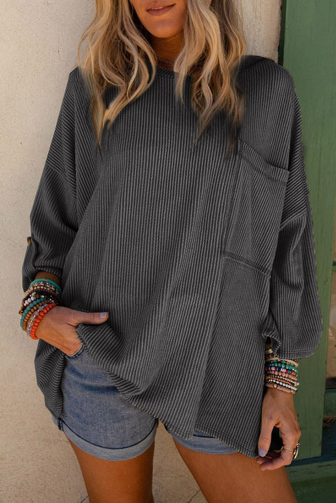Ribbed Roll-tab Sleeve Chest Pocket Oversize Top
